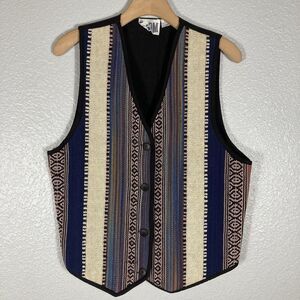 Vintage Tapestry Vest Women L Button Front Strips Cottagecore Country Prairie
